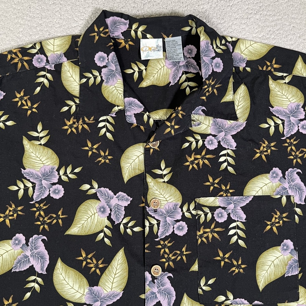 Ocean Pacific OP Shirt Mens Large Black Floral Vintage Hawaiian Loop Collar Camp